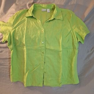 Size XL Green Linen short sleeve button down top by Kim Rogers